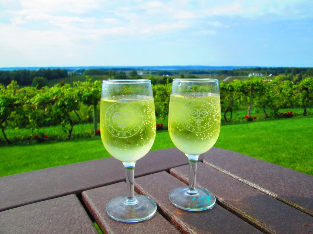 Two wineglasses on a table with a sun-bathed vineyard in the background, illustrating that with the right plan it is possible to achieve financial freedom on an average income while still living well.