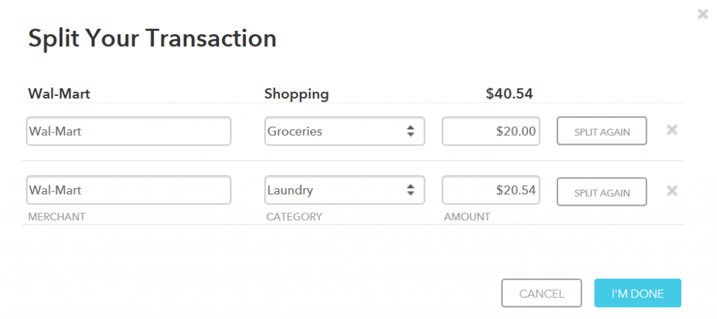 Screenshot of Mint's Split Your Transaction form, illustrating how a single transaction can be split into different budget categories.