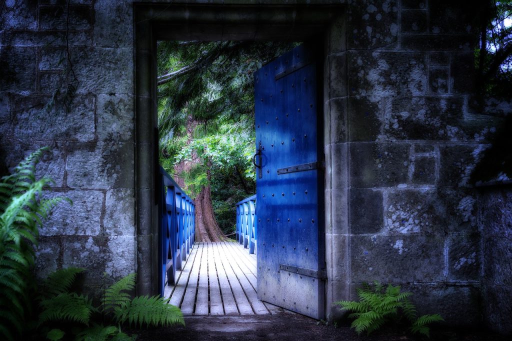 A partly-opened door revealing a footpath, illustrating how online banking is a prerequisite of beginning the journey to financial freedom.