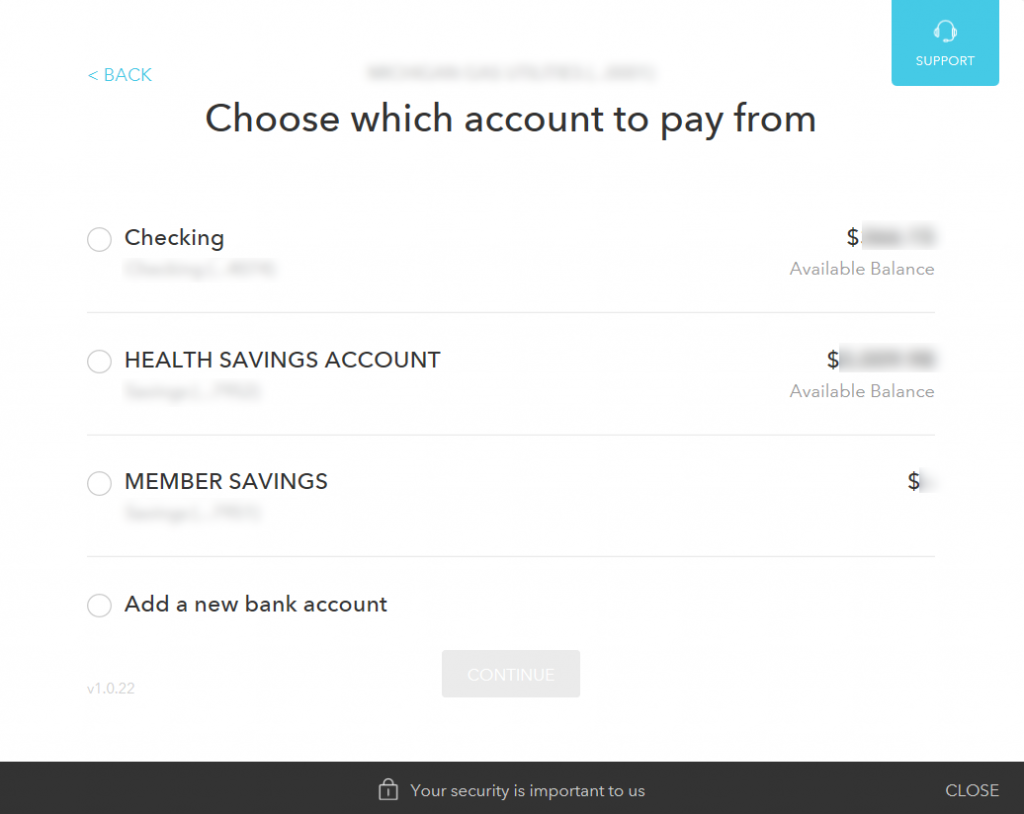 Screenshot of Mint's Bill Pay Checking Account Selection Menu, a component of Mint's Bill Pay functionality.