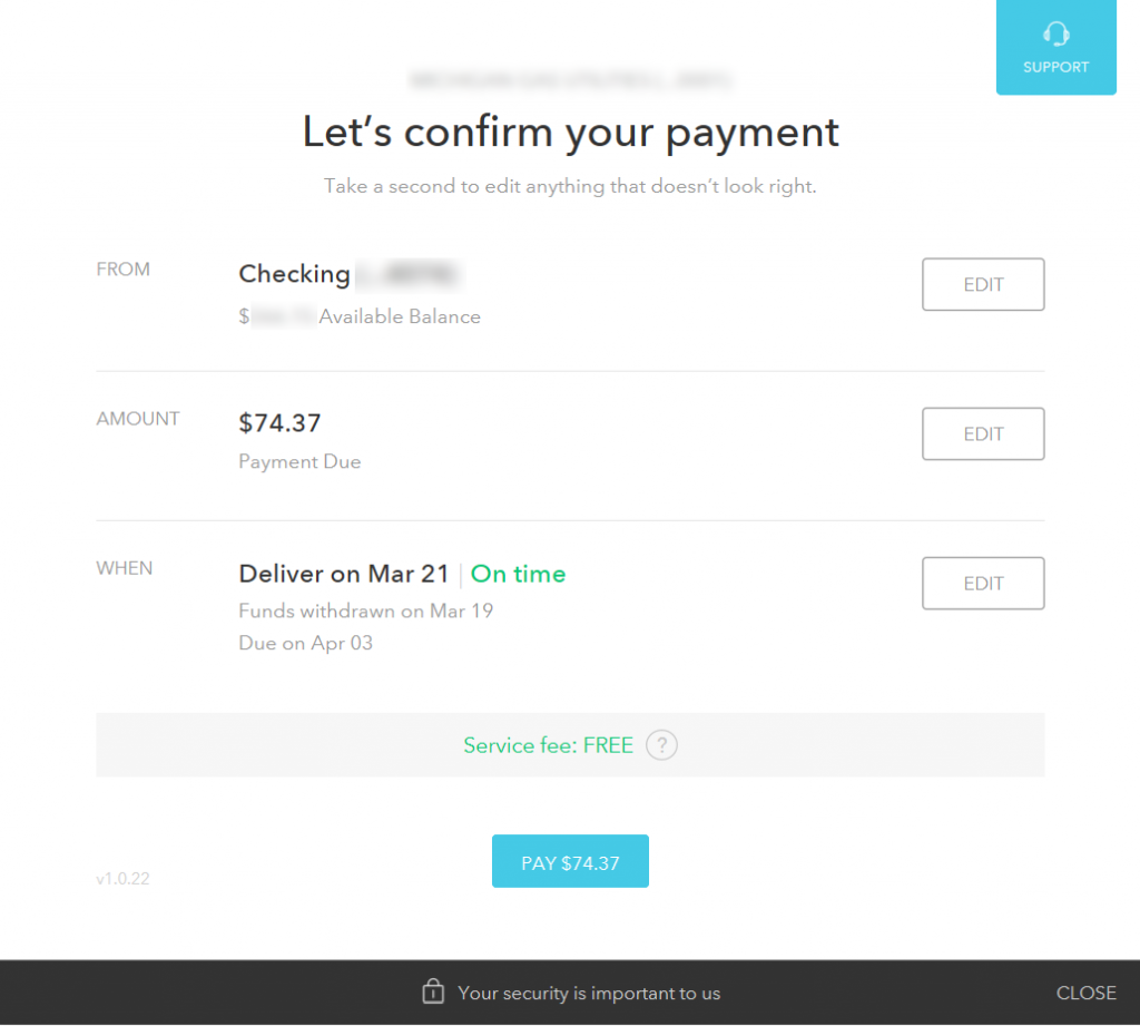 Screenshot of Mint's Bill Pay Checking Confirmation Menu, listing the bill, cash account to be paid from, current balance in the cash account, payment due amount, and scheduled delivery date.