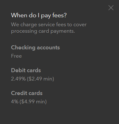 Screenshot of Mint's Bill Pay Fee Schedule, illustrating the 2.49% ($2.49 minimum) debit card and 4% ($4.99 minimum) credit card payment processing fees.