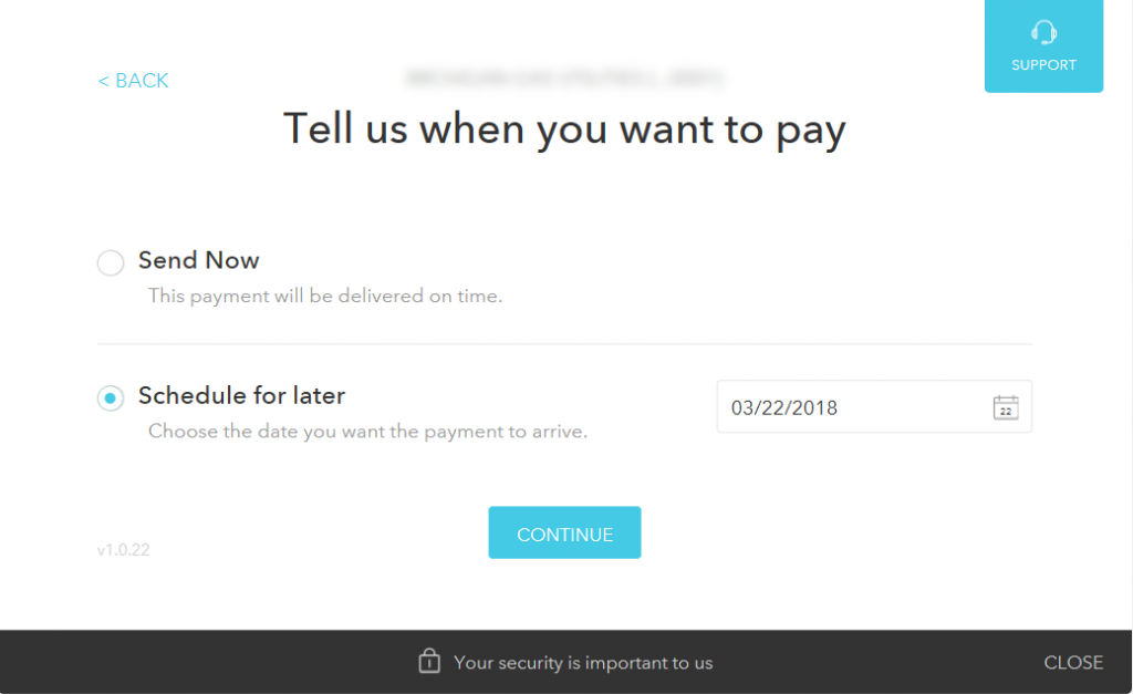 Screenshot of Mint's Bill Pay Payment Delivery Date Menu, illustrating the ability to schedule future payments.