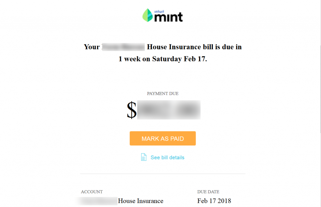 Screenshot of Mint Bills notification email, containing bill name, amount due, and due date.