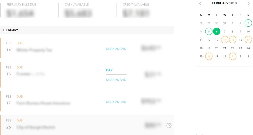 Screenshot of Mint Bills feature, illustrating how Mint can serve as a personal bill paying assistant.