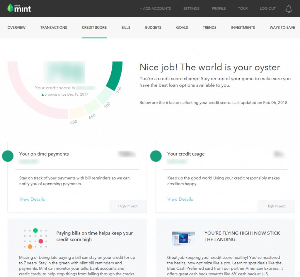 Screenshot of Mint Credit Score screen, illustrating Mint's analysis, grading system, and recommendations for improving your credit score.