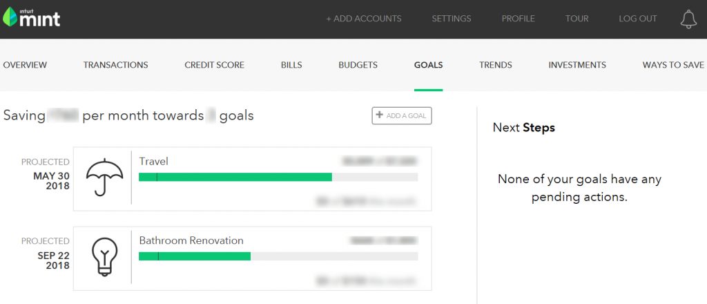 Screenshot of Mint Bills screen, illustrating two savings goals complete with progress bars and a projected date of completion.