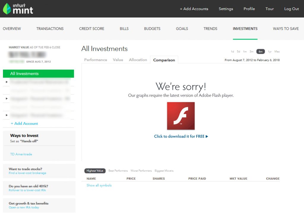 Screenshot of Mint Investments screen, displaying a common error currently experienced by users.