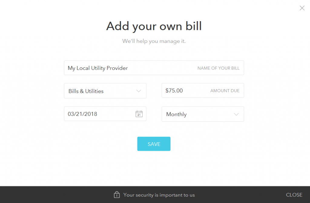 Screenshot of Mint's Offline Bill Creation Menu, a component of Mint's Bills functionality.
