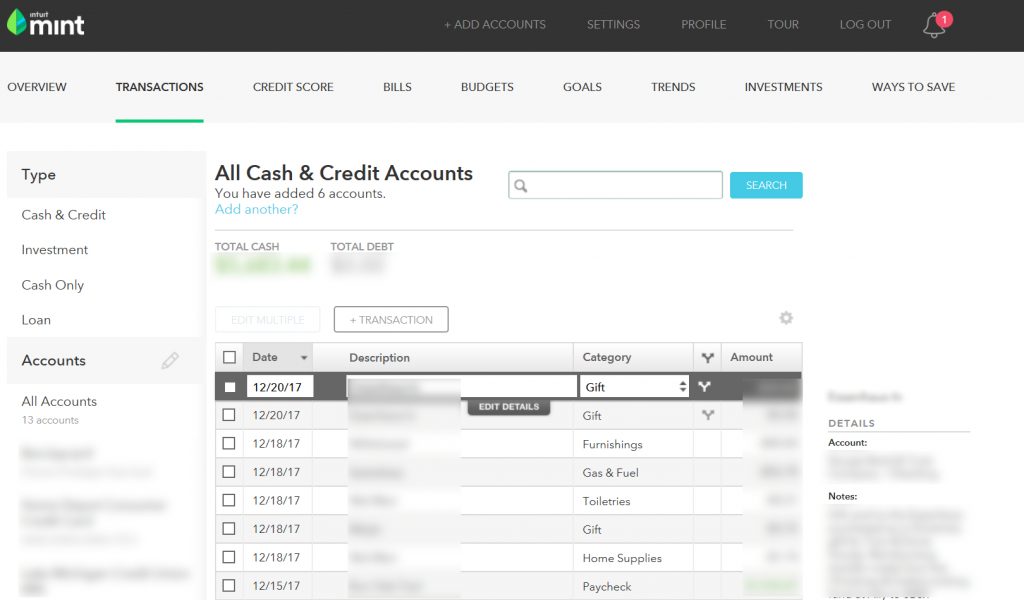 Mint Transactions Page Screenshot of Mint's Transactions page, providing a general overview of format and content.