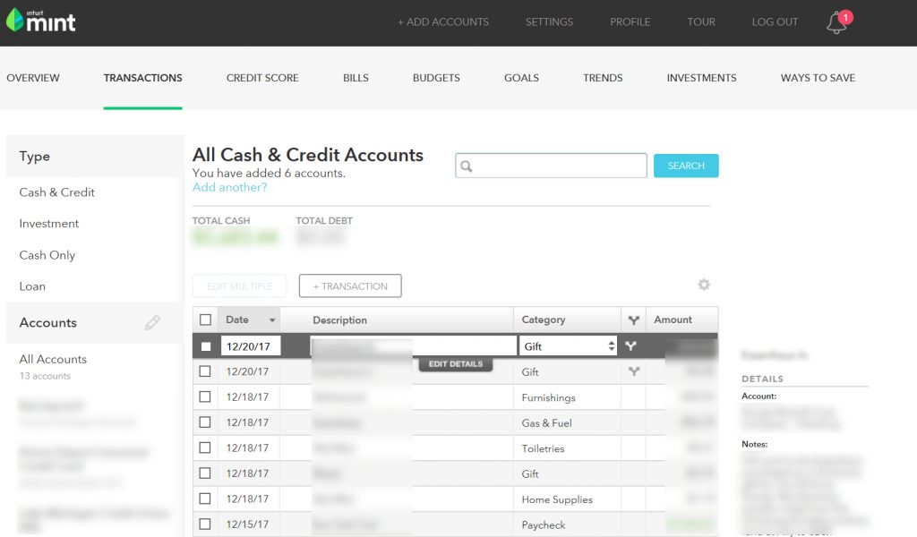 Screenshot of Mint Transactions screen, illustrating how Mint automatically tracks your income and spending.