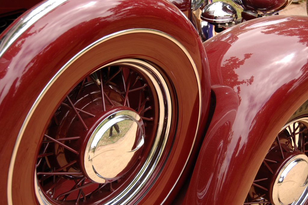 A close-up of a fender-mounted spare tire on a classic Hupmobile, illustrating the need to size your emergency fund appropriately.