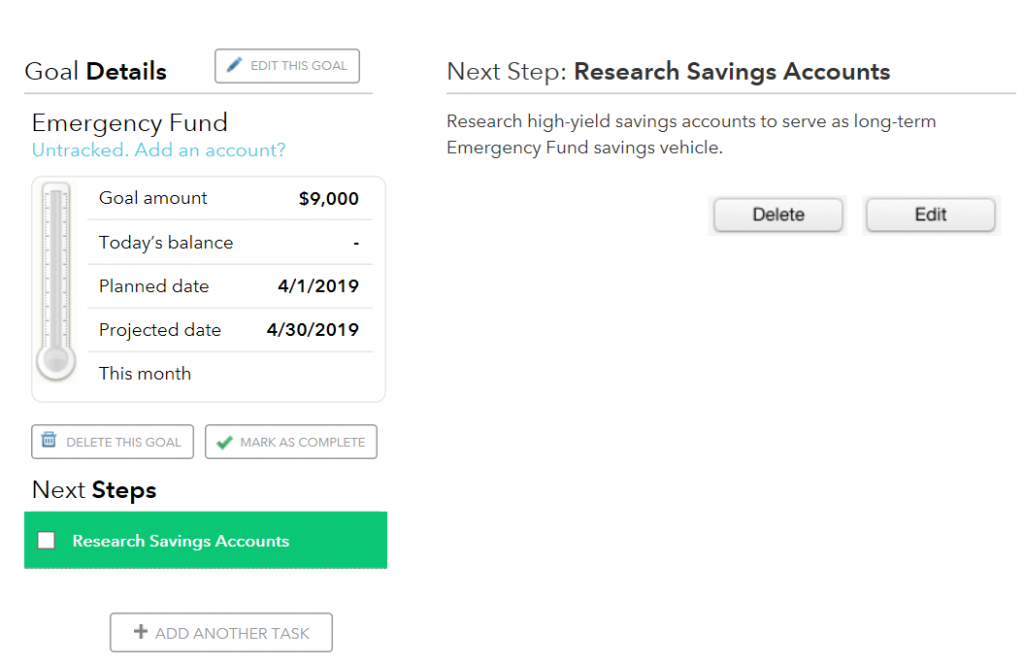 Screenshot of Mint Goals Details View, illustrating the process for configuring savings goals in Mint.