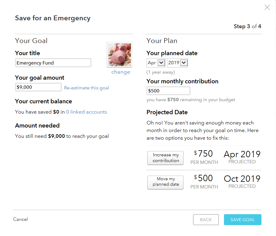 Screenshot of Mint menu for adjusting goal timeline and contribution amount, illustrating the process for configuring savings goals in Mint.