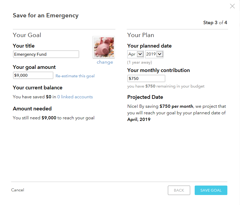 Screenshot of Mint menu for setting goal timeline and contribution amount, illustrating the process for configuring savings goals in Mint.