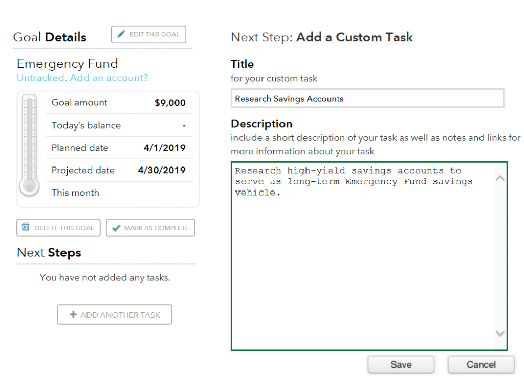 Screenshot of Mint Goals Details View and Action Item Creation, illustrating the process for configuring savings goals in Mint.