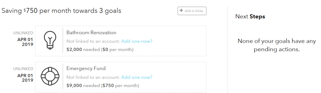 Screenshot of Mint Goals Summary View, illustrating the process for configuring savings goals in Mint.