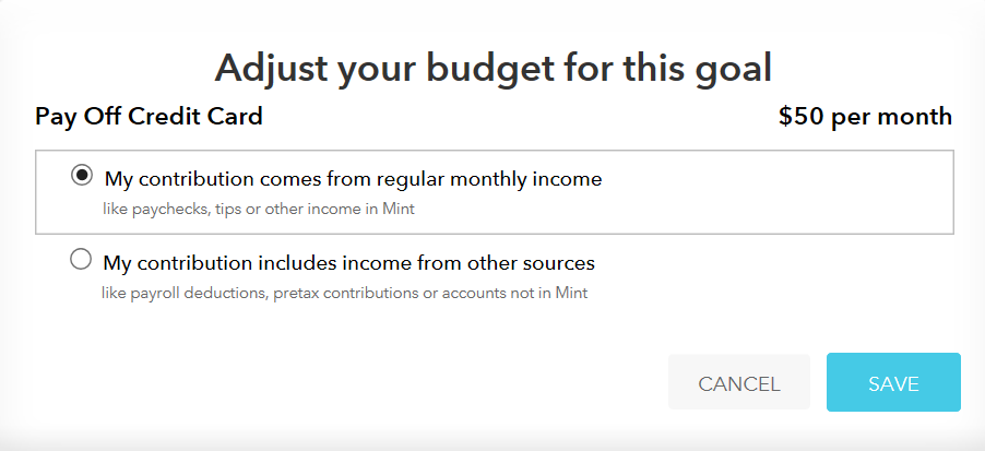 Screenshot of the menu used to adjust the amount of contributions to Mint savings goals included in your monthly budget.