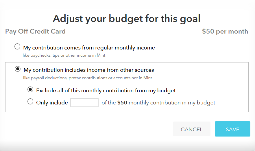 Screenshot of menu selection used to exclude contributions to Mint savings goals from your monthly budget.