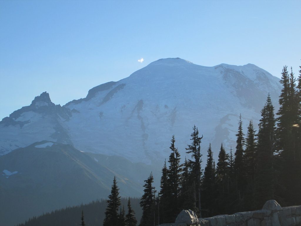 Iconic Mount Rainier of Seattle skyline renown, pictured from a viewing station near its peak.
